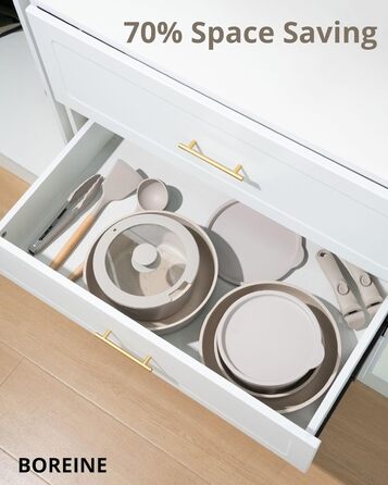 Набір посуду BOREINE 14 предметів: каструлі та сковороди з антипригарним гранітним покриттям (PFOA-free), знімні ручки, для всіх типів плит (індукція, склокераміка, газ, духовка), коричневий