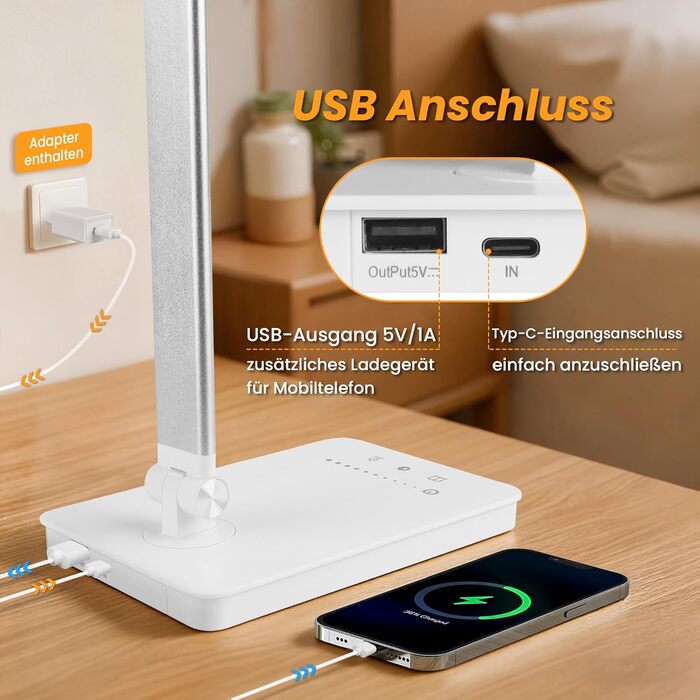 LED лампа для столу Akynite з регулюванням яскравості, USB, 2A адаптер, 5 кольорів, 10 рівнів яскравості, таймер, сенсорне управління, для дітей, білий