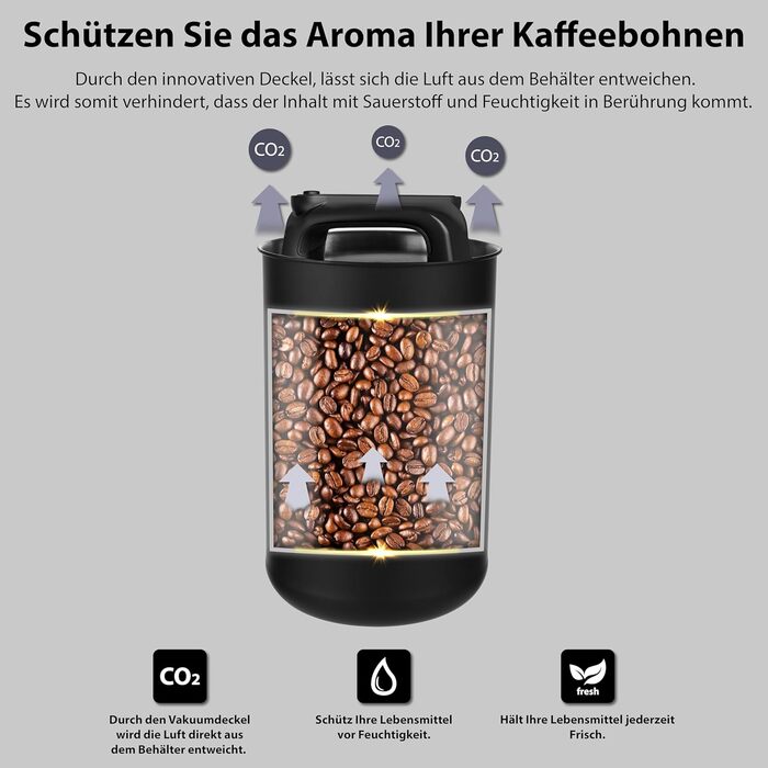 Кейсі для кави KC Kitchen & Co. – герметичний контейнер для 1 кг кавових зерен з нержавіючої сталі з вакуумним кришкою та захистом аромату – для кави, чаю, цукру, мюслі, чорний матовий (2800 мл)