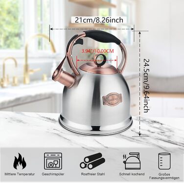 Чайник-свисток 3л з нержавіючої сталі, індукційний, з термостійкою ручкою (срібний)