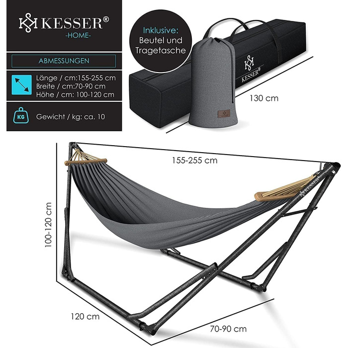 KESSER® Hammock Vill with Metal Stand, Foldable and Adjustable, Stable Frame, Indoor & Outdoor Use, Includes Carry Bag + Sack, Hanging Chair, Hammock Stand, Camping, Garden, Pool, Balcony, Terrace (Gray)