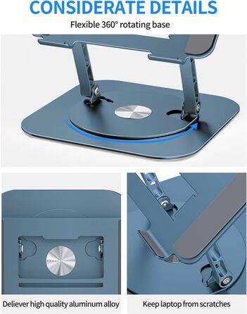 Adjustable Laptop Stand with 360° Swivel Base - Stable Ergonomic Foldable Laptop Riser for Desk - Compatible with MacBook Pro/Air & Notebooks up to 16 inches (Navy Blue)