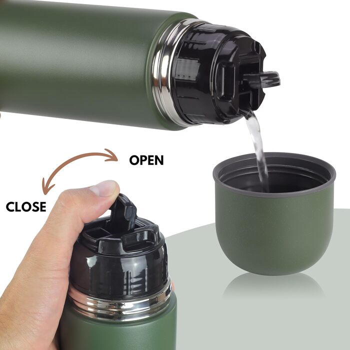 Термос Milu: ізольована фляга з нержавіючої сталі, 100% без витоку, подвійна ізоляція (оливковий, 1000 мл)