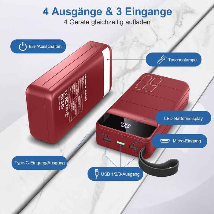 Power Bank 60000mAh 22.5W PD USB-C Чорвоний – Зовнішній акумулятор для смартфонів, планшетів