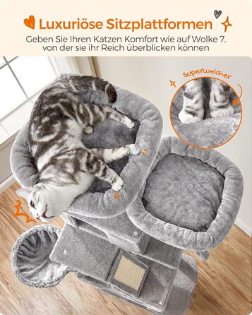 Feandrea XXL Когтеточка для котів, 206 см, з 13 когтеточками, 2 платформами, 2 печерами, гамаком, мішками з м'ячиками, багатоповерхова, сірий PCT190W01