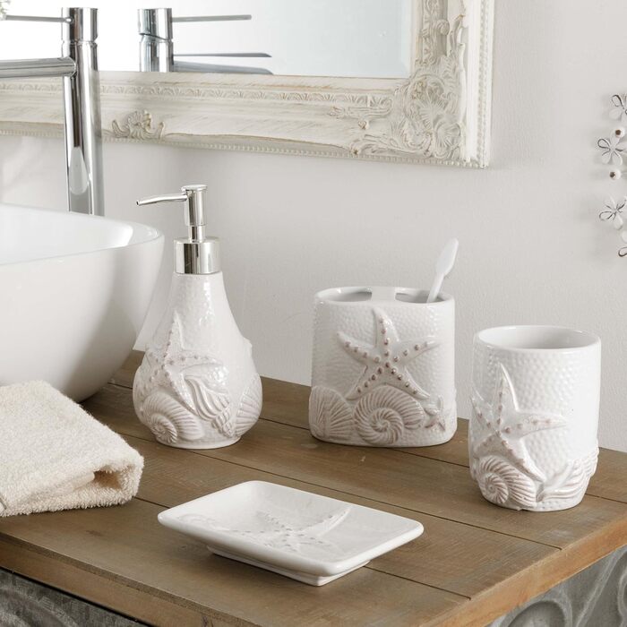 Набір для ванної кімнати з кераміки, білий, з візерунком мушлі (4 предмети): дозатор, тримач для зубної щітки, миска та мильниця