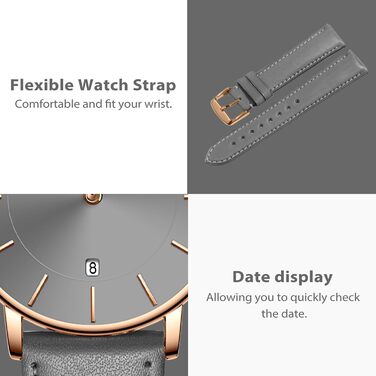 Жіночий аналоговий кварцовий годинник Flache з датою, шкіряним/силіконовим ремінцем, 39 мм, сірий колір