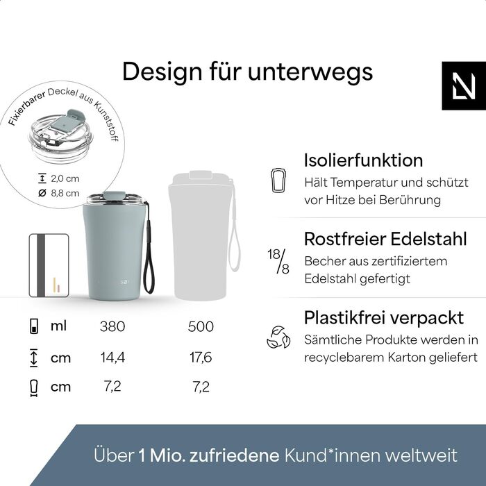 Термокружка для кави та напоїв LARS NYSØM 380 мл, Sky Blue | З нержавіючої сталі, Tritan кришка, з петлею для перенесення, ізольована, витокозахисна