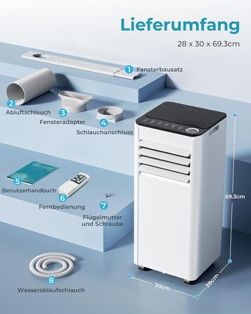 Мобільний кондиціонер 7000 BTU з витяжним шлангом | 4-в-1 | Тиха робота | Дисплей + пульт | Комплект для установки у вікно | Таймер 24г | Для приміщень до 20 м²