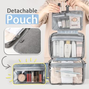 Кришталево-сіра дорожня косметичка Pinkiou з гачком для підвішування - велика, водонепроникна, для жінок