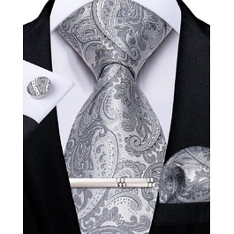 Набір краваток DiBanGu чоловічий: шовковий, з Paisley візерунком, краватка-метелик, затискач для краватки, запонки, для весілля та бізнесу, сірий