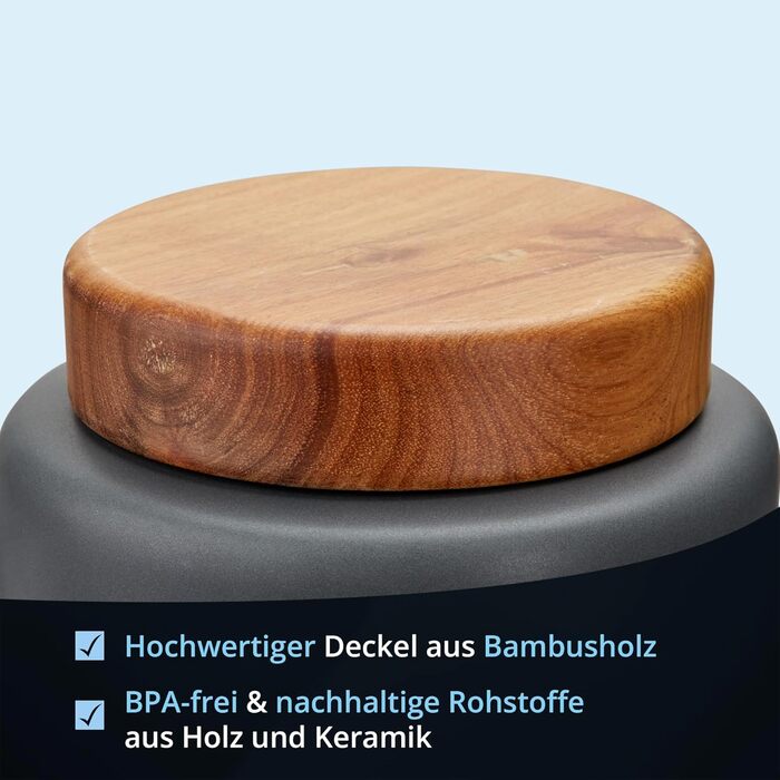 Набір контейнерів для зберігання KHG для кухні антрацитово-сірого кольору з дерев'яними кришками, контейнери для продуктів з кераміки, з маркуванням, набір органайзерів для кухні, без пластику та світлонепроникні (набір для борошна, солі, цукру)