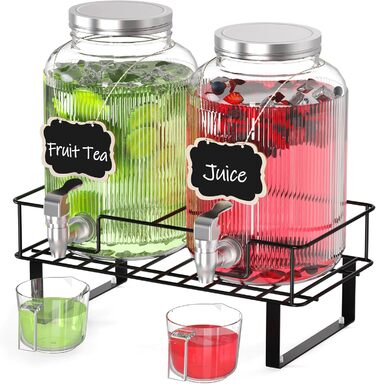 2 шт. скляні диспенсери для напоїв на 4 л з краном, металевий стійка та мірний стакан, для соку/коктейлів/трав'яного чаю, диспенсер для соку на вечірки та весілля