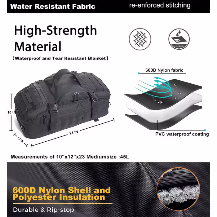Miramrax Men's Travel Bag - Large Tactical Bag, Weekend Bag, Gym Bag for Overnight Stays, Travel, Military Training, Deployment, Sports, Duffel Bag (45L, Black)