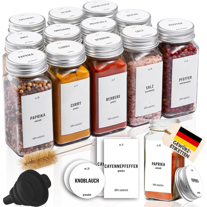 Скляні банки для спецій Deco haus® з кришкою та ситом [+Етикетки та сито] - Набір банок для спецій - Контейнери для спецій - Зберігання спецій - Організатор спецій (12 шт. - Білий)