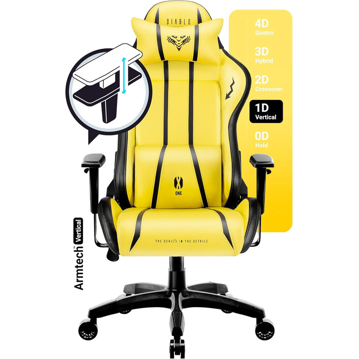 Ігрове крісло Diablo X-One 2.0 Electric Yellow L, ергономічне, регульовані підлокітники, подушки для шиї та попереку