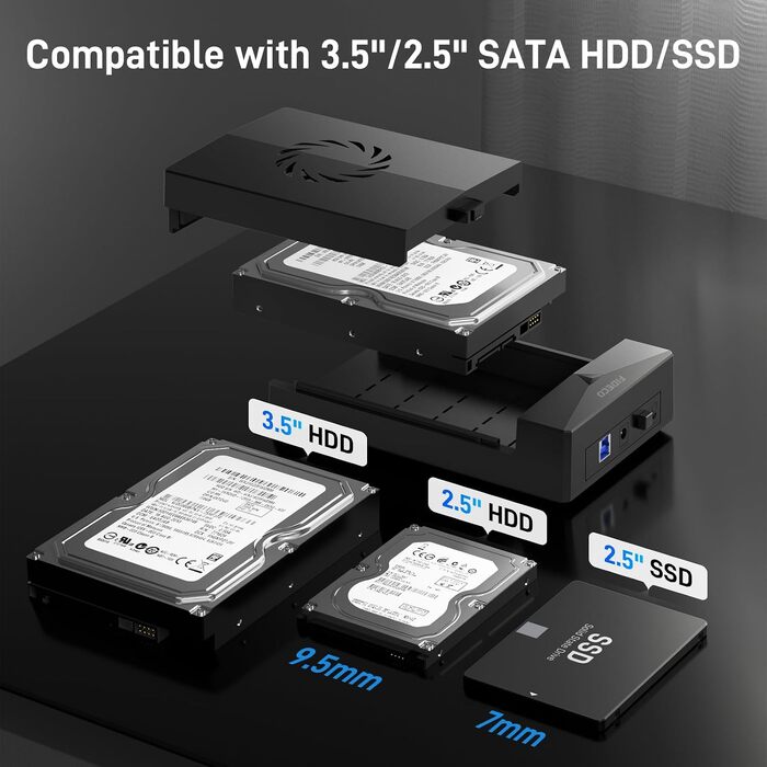 Док-станція FIDECO для HDD/SSD 2.5'' та 3.5'' SATA, USB 3.0 5Gbps, зовнішній корпус для жорстких дисків з вентилятором та підтримкою UASP