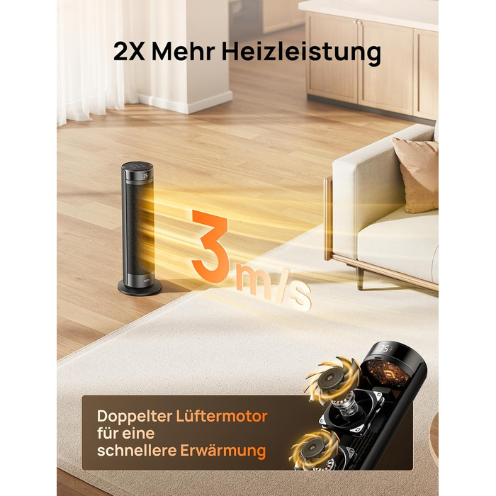 Електричний обігрівач Dreo 23 дюйми (58 см) – 2000W, тихий, з пультом, таймером, осциляцією, 5 режимів, PTC кераміка, термостат, для великих приміщень, офісу (чорний)