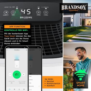 Електричний осушувач повітря Brandson з компресором, 10 літрів, Wi-Fi, з функцією відведення води по шлангу та керуванням через додаток