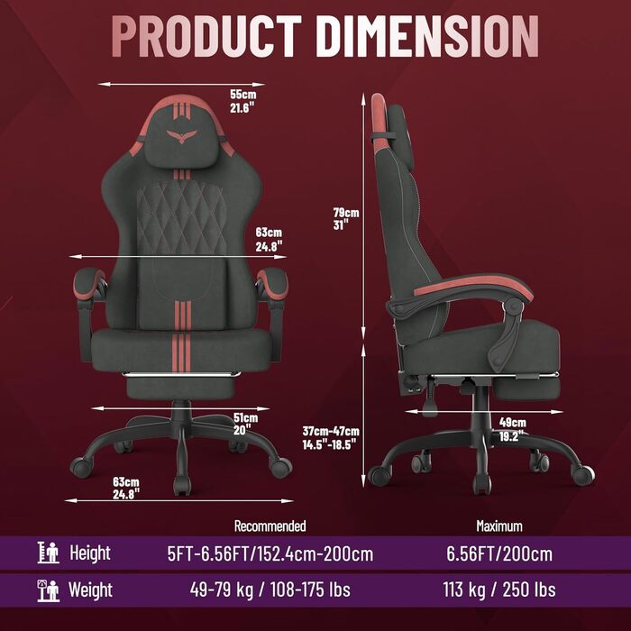 Геймерське крісло Ferghana Ergonomic: з підтримкою попереку, голови та підніжкою, регульоване, обертається, тканина льон (чорно-червоне)