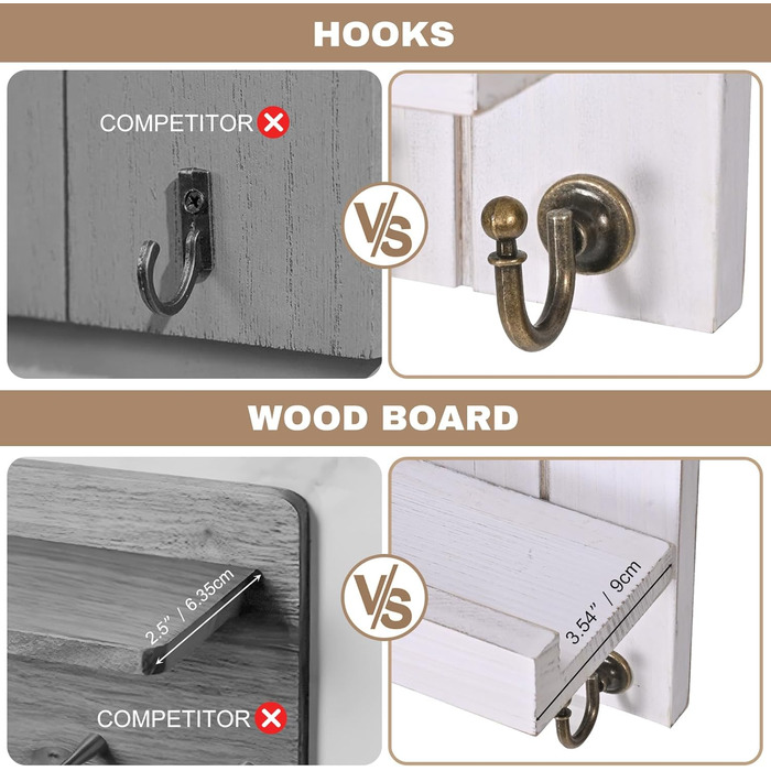 Дерев'яне ключниця з полицею, 5 гачків, для прихожей, вітальні, спальні, світло-білий колір