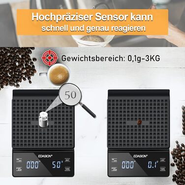 Електрична вага для кави з таймером, 0,1г/3кг, преміум-якість, для приготування еспресо, з LED-дисплеєм, чорна
