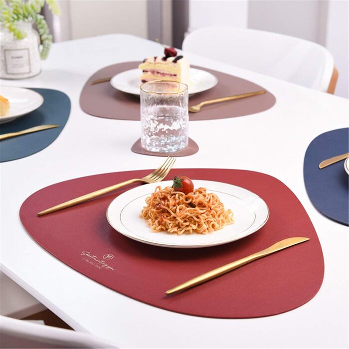 Set of 4/Set of 6 Placemats and Coasters, Triangle Oval Leather Table Sets, Water Droplet Wipeable Table Mat, Waterproof, Oil-Resistant, Non-Slip, Heat-Resistant Placemats (Beige, 6)