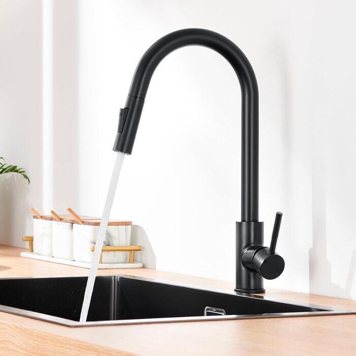 Змішувач кухонний Lonheo з висувною лійкою, високий поворотний кран для кухні з нержавіючої сталі, двофункціональний, для мийки, матовий чорний