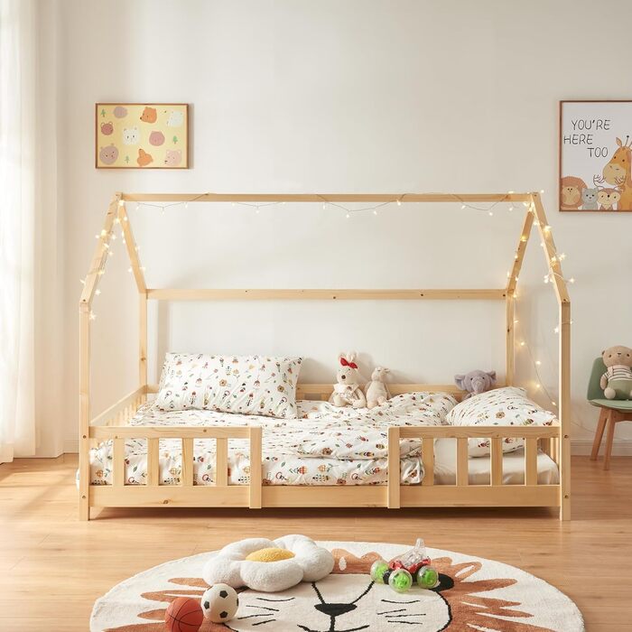 en.casa Kids Bed Sisimiut House Bed 140 x 200 cm with Side Rails Wooden Bed for Children Floor Bed Slatted Frame Pine Wood Wood Finish Wood 140x200cm