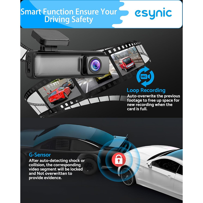 eSynic Міні відеореєстратор (Dashcam) Auto WiFi 1080P Full HD – 160° Широкий кут, Нічне бачення, G-сенсор, Паркувальний режим, Керування через App, WiFi, 32GB SD-карта в комплекті