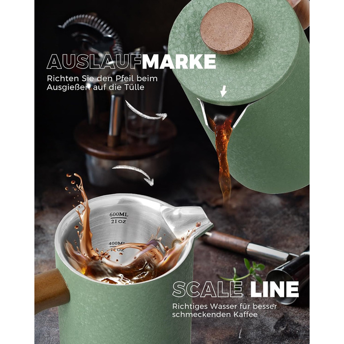 Френч-прес Poliviar 1 л / 8 чашок, з подвійними стінками, ізольований, для кави та чаю, з дерев'яною ручкою, Flatland (зелений)