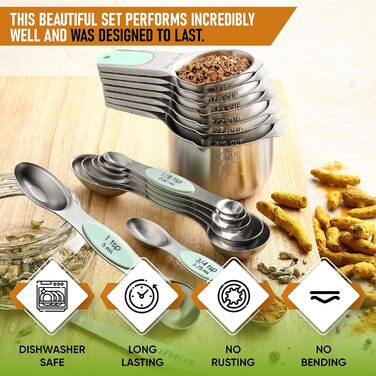 Measuring cups and spoons, magnetic, mint green, 15 pieces