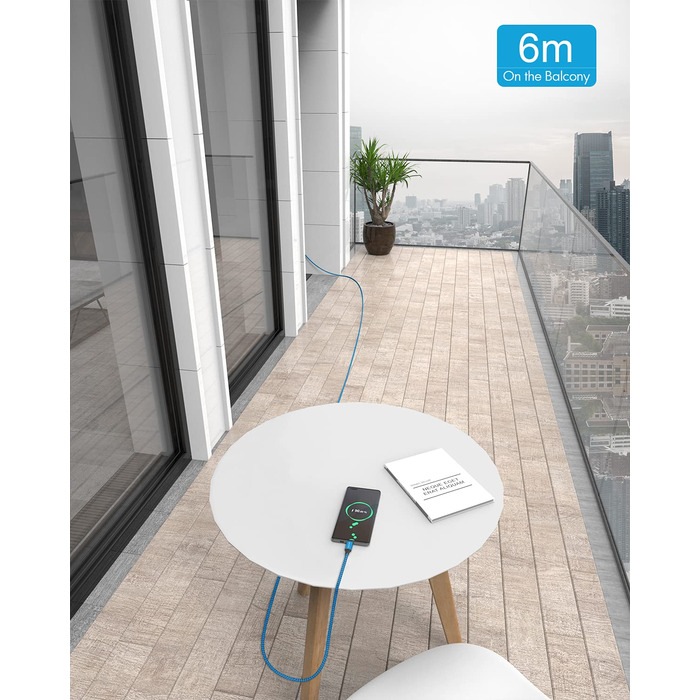 Кабель USB-C на USB-A 6м, блакитний, нейлон - для Samsung, iPhone, Redmi, Pixel