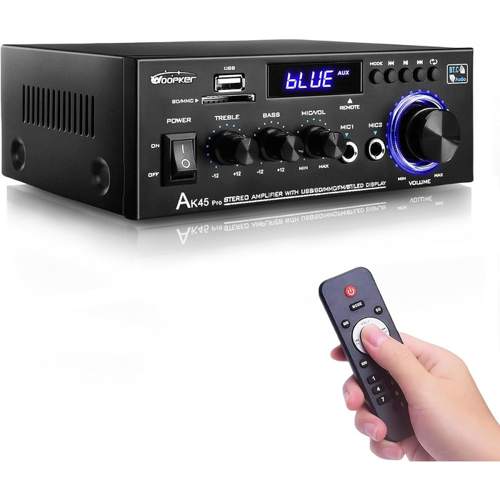 AK45 Pro HiFi підсилювач WOOPKER Mini, 500Вт, 2-канальний, Bluetooth, HiFi стерео з FM-радіо, USB, SD, RCA, MIC, аудіо ресивер для дому та авто