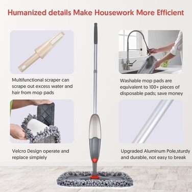 Швабра з розпилювачем Domi-Patrol з 3 змінними мікрофібровими насадками, 435 мл резервуар для води, сіра