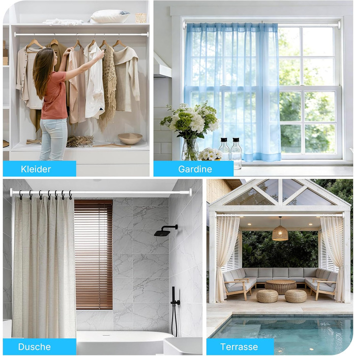 Штанга для карнизів без свердління 100-230 см, біла, Ø25 мм, телескопічна, для душу, вікна та балкону