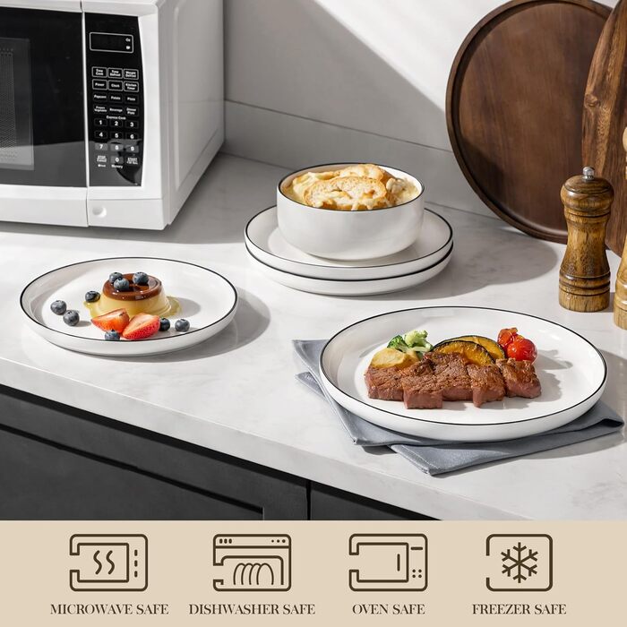 MALACASA, Luna Series, 12-Piece White Porcelain Dinnerware Set – Combination Set, including 4 Dinner Plates, 4 Dessert Plates, and 4 Cereal Bowls for 4 people