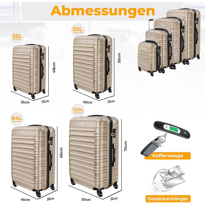 Набір валіз KESSER® з ABS-пластику (S-M-L-XL) з телескопічною ручкою, 4 колеса, ваги та брелок для багажу, колір шампань