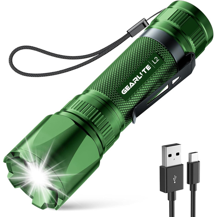 Тактичний ліхтарик Gearlite: перезарядна LED лампа 3000 люмен з зумом, 3 режими, водонепроникний IP65, для кемпінгу, риболовлі, тактики