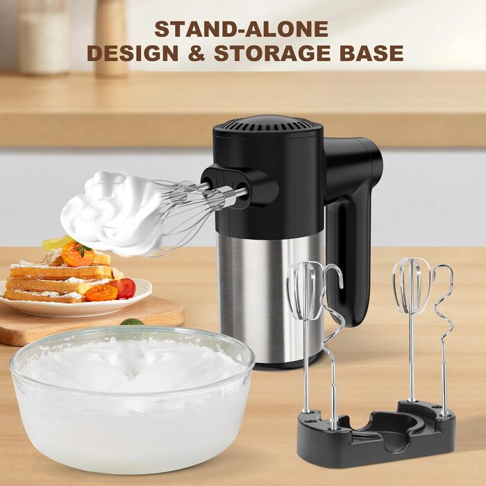 Бездротовий міксер з цифровим дисплеєм, 7 швидкостей, акумуляторний, з 6 насадками з нержавіючої сталі (міксер, вінчик, гачок для тіста) та підставкою для зберігання