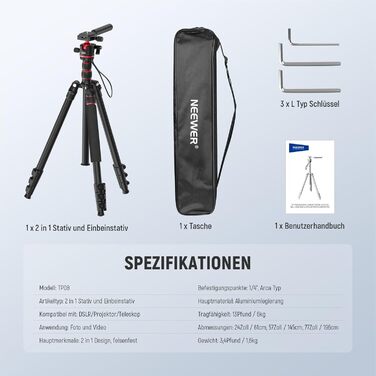 Штатив-монопод NEEWER BASICS TP08 для DSLR та відеокамер, компактний легкий штатив для подорожей з 360° кульковою головкою, Arca-типом швидкої зміни та реверсивною центральною колоною, навантаження до 6 кг