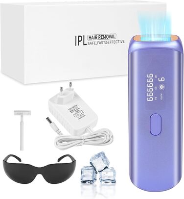 Епілятор ACWOO з системою охолодження, безболісне видалення волосся, лазерний епілятор з 3 функціями HR/SC/RA, 9 рівнів потужності для жінок/чоловіків, обличчя, руки, зона бікіні, тіло, ноги, білий (фіолетовий)