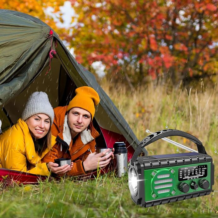 Радіо на ручному валу з сонячною панеллю, 20000 mAh Powerbank, AM/FM/SW/WB радіо погоди, 4 джерела живлення, ліхтарик, USB-C зарядний пристрій & SOS-сигнал, водонепроникне (IPX6) для відпочинку на природі, кемпінгу, будівельних майданчиків, помаранчеве