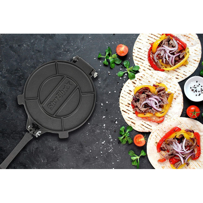 Пресс для тортилій StarBlue з чавуну, 10 дюймів (25 см) + 100 листів паперу для масла + електронна книга з рецептами - для приготування чапати, тортилій, роті (8 дюймів)