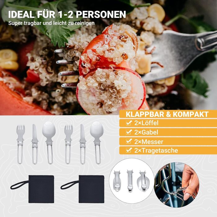 Набір посуду для кемпінгу KingCamp на 2-4 особи: нержавіюча сталь, складаний посуд, легко важить, набір каструль та сковороди для кемпінгу, 2 каструлі + 1 сковорода + столові прибори