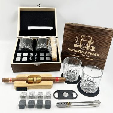 Набір для віскі Daily Treasures: келихи, камені та аксесуари (дерев'яний попільничка, різьблений ніж), подарунковий набір для чоловіків, на День батька