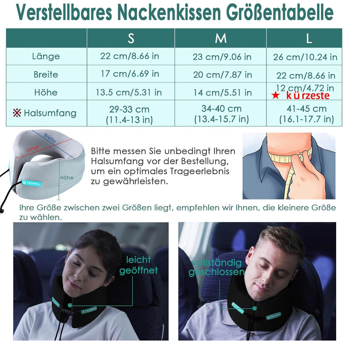 Joscoal Neck Pillow Travel, Comfortable Travel Pillow Car Headrest Luxurious Airplane Chin Support Travel Pillow Memory Foam Support Function Ideal for Travel Office Cars. Size M (34-40cm Neck Circumference), Black