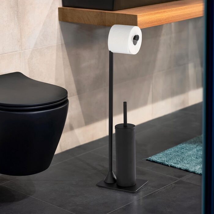 Набір для туалету WENKO Hella: тримач туалетного паперу та щітка для унітазу, пофарбований сталь, 15 x 69 x 20 см, матовий білий (чорний)