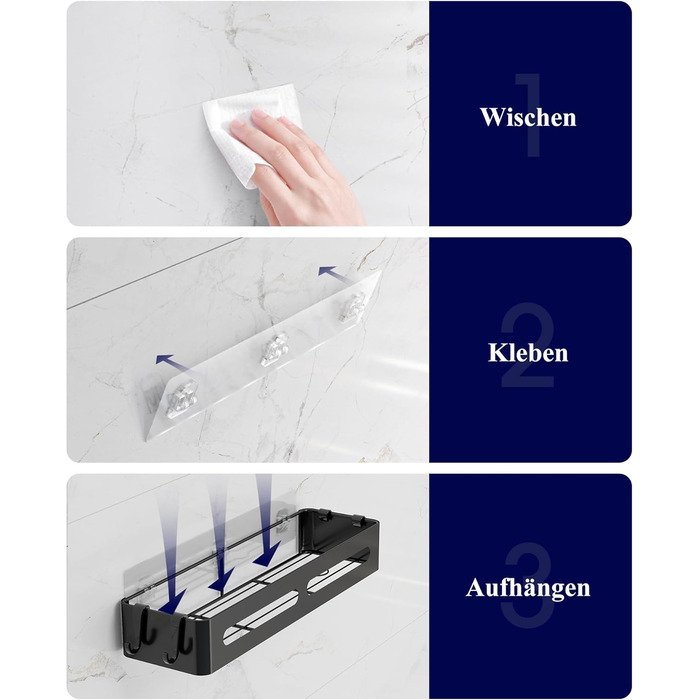 Настінна поличка для душу без свердління Kitsure, 2 шт., чорна, 33.5 x 12.0 x 5.5 см