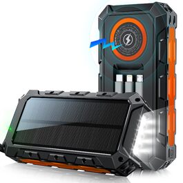 Портативний зарядний акумулятор 52800 mAh з сонячною зарядкою та бездротовою зарядкою, водонепроникний, 5 виходів, 3 входи, ліхтарик, карабін, QC 30W та USB-C PD 20W для мобільних телефонів (Оранжевий)